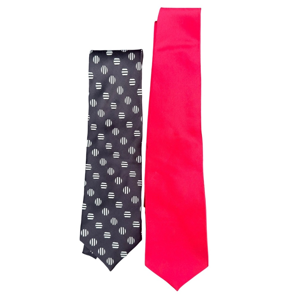 Bachrach Men's Tie Lot 2 100% Silk Red Solid Black White Polka Dot Professional